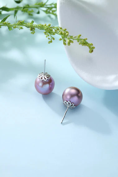 Purple Round Pearl Stud Earrings